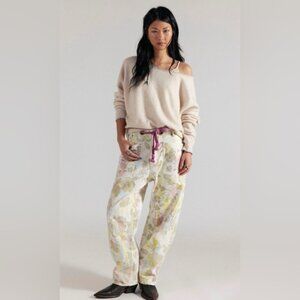 NWT Free People We The Free Moxie Printed Flocked Barrel Jeans